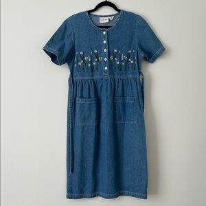 Vintage Sears Chambray Denim Prairie Short Sleeve Floral Embroidered Midi Dress